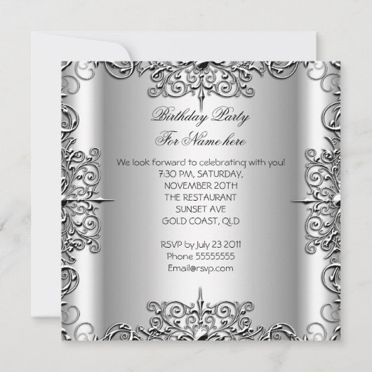 sweet sixteenエレガントスウィート16パーティーシルバーホワイト 招待状 (裏面)