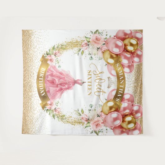 sweet sixteenエレガントパーティーバナー赤面金ゴールドシック タペストリー (正面(横))