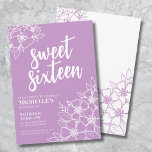 Sweet sixteenエレガントパープル16誕生日 招待状<br><div class="desc">第16回パープルフローラSweet sixteen誕生日パーティーの招待。紫と白エレガントの花の輪郭とガーリー16歳の誕生日パーティーの招待。花のパタよくはしゃぐーンは、スクリプトタイポグラフィ「sweet sixteen」と、よりクラシックセリフのフォントを組み合わせたフレームを形成する。16祝年の美しい植物学のデザインとスタイリッシュ一緒に。おもしろい部分は、すべての色を変更できる!!背景の色やフォントを変えるだけでなく、花の線も変えられる。印刷された招待状として、またはダウンロード可能なデジタル招待状として利用可能で、電子メールで送信するか、ローカルで印刷することができる！</div>