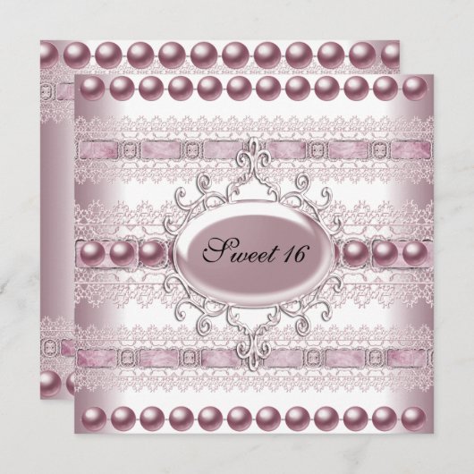 Sweet sixteenエレガントパールシルバーピンクレース 招待状 (正面/裏面)