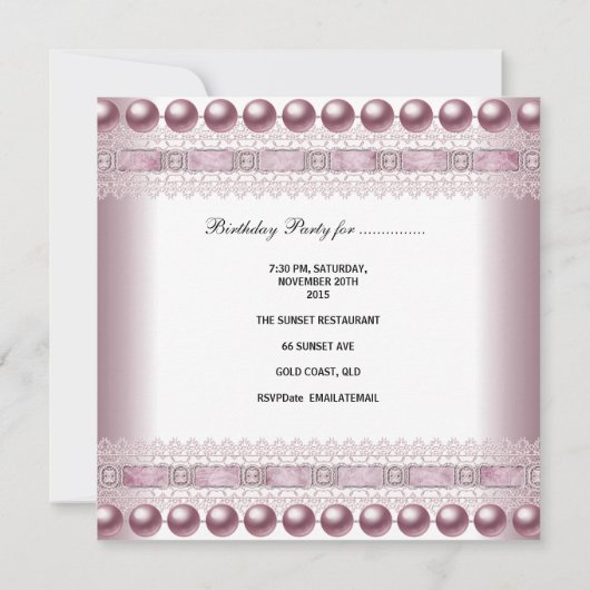 Sweet sixteenエレガントパールシルバーピンクレース 招待状 (裏面)