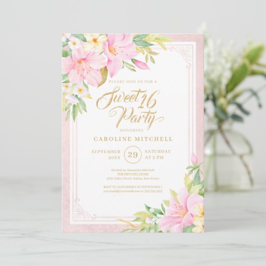 Sweet sixteenエレガントフローラ水色赤面ピンク 招待状 (スタンド正面)