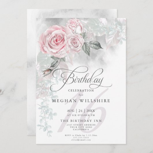 sweet sixteenエレガント誕生日の水色PinkRose 招待状 (正面/裏面)