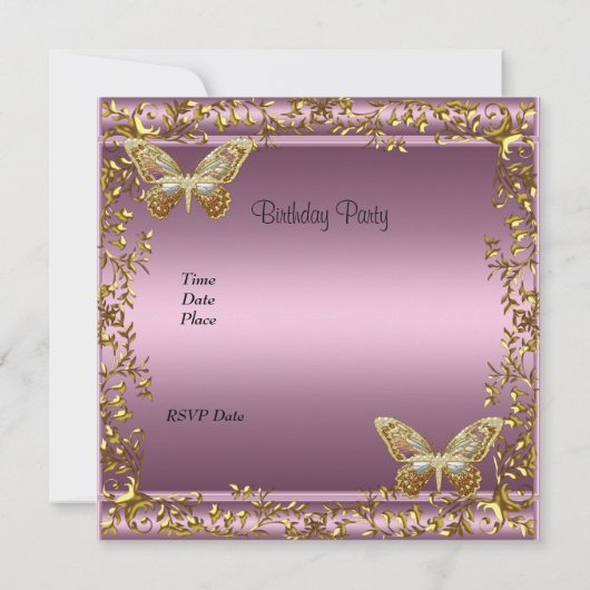 sweet sixteenエレガント誕生日ピンク金ゴールド蝶 招待状 (裏面)