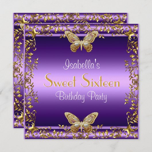 sweet sixteenエレガント誕生日紫バタフライ 招待状 (正面/裏面)