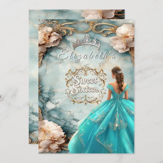 Sweet sixteenクラウンピンクローゼス金ゴールドフィリグリー 招待状 (正面/裏面)