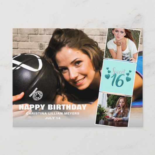 Sweet sixteenコラージュターコイズグリッター ポストカード (正面)