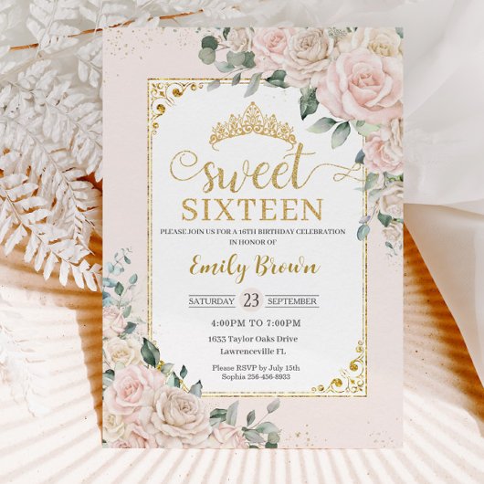 Sweet sixteenシャンパンアイボリー赤面フローラ金ゴールド 招待状