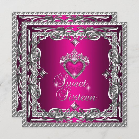 Sweet sixteenスウィート16グリッターピンクシルバーティアラ 招待状 (正面/裏面)