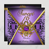 Sweet sixteenスウィート16ダマスクパープル金ゴールドブラック 招待状 (正面/裏面)