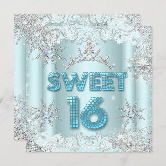 Sweet sixteenスウィート16ティール（緑がかった色）スノーフレークシルバー2 招待状 (正面/裏面)