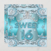 Sweet sixteenスウィート16ティール(緑がかった色)ブルーシルバーティアラ 招待状 (正面/裏面)