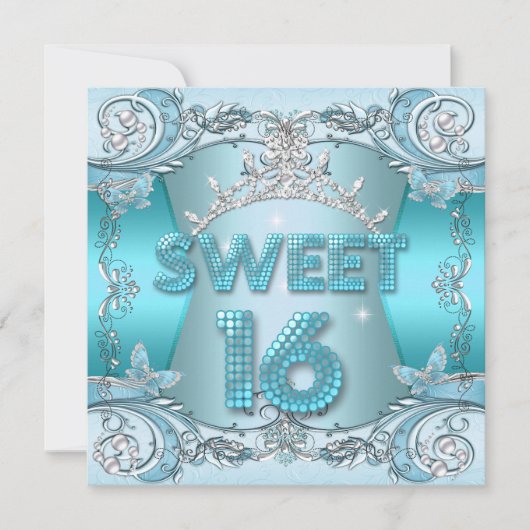 Sweet sixteenスウィート16ティール(緑がかった色)ブルーシルバーティアラ 招待状 (正面)