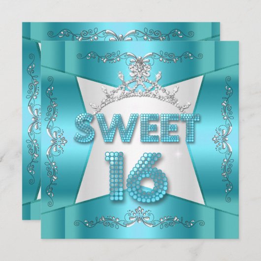 Sweet sixteenスウィート16ティール（緑がかった色）ブルーシルバーティアラ 招待状 (正面/裏面)