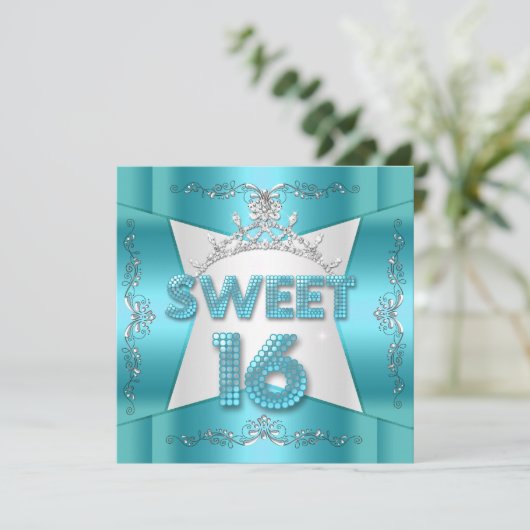 Sweet sixteenスウィート16ティール(緑がかった色)ブルーシルバーティアラ 招待状 (スタンド正面)