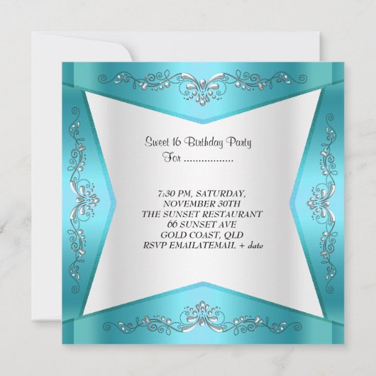 Sweet sixteenスウィート16ティール（緑がかった色）ブルーシルバーティアラ 招待状 (裏面)