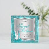 Sweet sixteenスウィート16ティール（緑がかった色）ブルーシルバーホワイト 招待状 (スタンド正面)