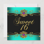Sweet sixteenスウィート16ティール（緑がかった色）ブルーパープル金ゴールドブラック 招待状 (裏面)