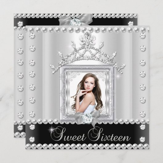 Sweet sixteenスウィート16バースデーパーティー白黒 招待状 (正面/裏面)