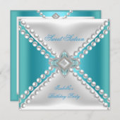 Sweet sixteenスウィート16パーティーティール(緑がかった色)ブルーホワイト 招待状 (正面/裏面)