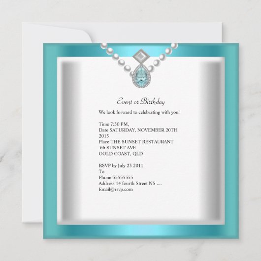 Sweet sixteenスウィート16パーティーティール(緑がかった色)ブルーホワイト 招待状 (裏面)