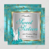 Sweet sixteenスウィート16パーティーティール（緑がかった色）ブルー金ゴールドシルバー 招待状 (正面/裏面)