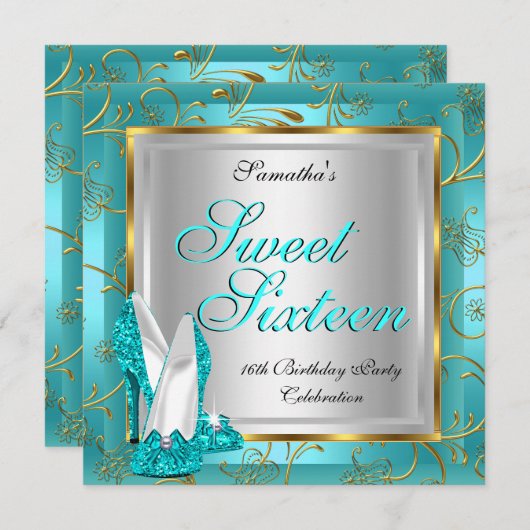Sweet sixteenスウィート16パーティーティール(緑がかった色)ブルー金ゴールドシルバー 招待状 (正面/裏面)