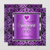 Sweet sixteenスウィート16パーティーパープルダマスクブラック 招待状 (正面/裏面)