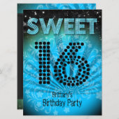 Sweet sixteenスウィート16パーティーブルーティール(緑がかった色)ブラック 招待状 (正面/裏面)