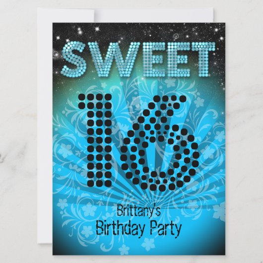 Sweet sixteenスウィート16パーティーブルーティール(緑がかった色)ブラック 招待状 (正面)