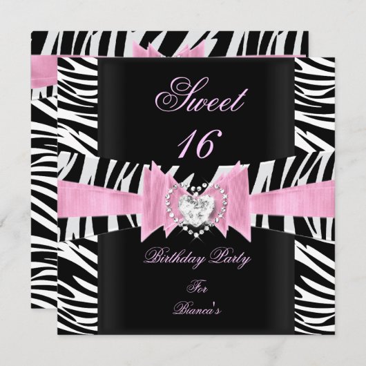 Sweet sixteenスウィート16ピンク白黒ゼブラ 招待状 (正面/裏面)