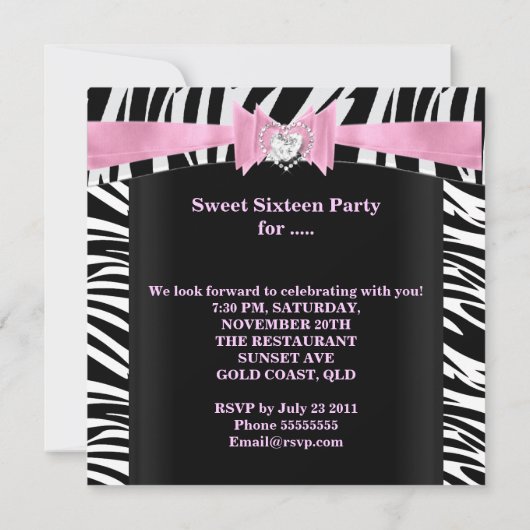 Sweet sixteenスウィート16ピンク白黒ゼブラ 招待状 (裏面)