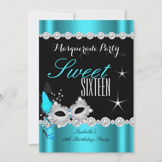 Sweet sixteenスウィート16マスカレードティール（緑がかった色）マスク2 招待状 (正面)