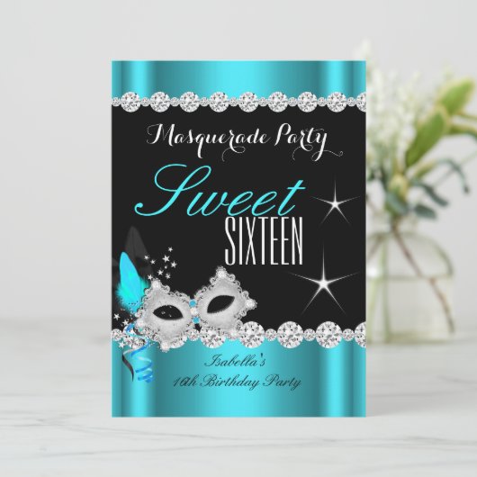 Sweet sixteenスウィート16マスカレードティール（緑がかった色）マスク2 招待状 (スタンド正面)