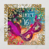 Sweet sixteenスウィート16マスカレードピンクティール（緑がかった色） 招待状 (正面/裏面)