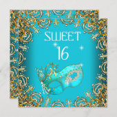 Sweet sixteenスウィート16マスカレード金ゴールドティール（緑がかった色） 招待状 (正面/裏面)