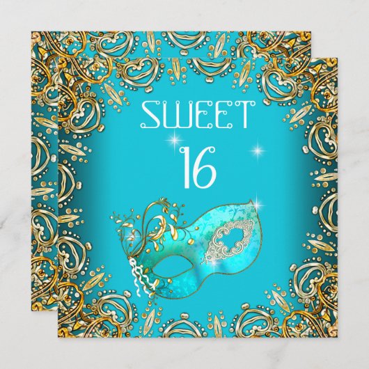 Sweet sixteenスウィート16マスカレード金ゴールドティール（緑がかった色） 招待状 (正面/裏面)