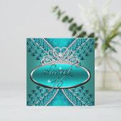 Sweet sixteenスウィート16誕生日ティール(緑がかった色)ブルーティアラ 招待状 (スタンド正面)