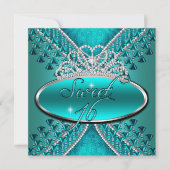 Sweet sixteenスウィート16誕生日ティール(緑がかった色)ブルーティアラ 招待状 (正面)
