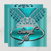 Sweet sixteenスウィート16誕生日ティール(緑がかった色)ブルーティアラ 招待状 (正面/裏面)