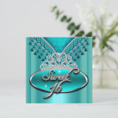 Sweet sixteenスウィート16誕生日ティール(緑がかった色)ブルーティアラ 招待状 (スタンド正面)