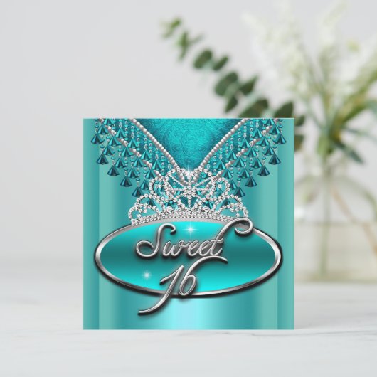 Sweet sixteenスウィート16誕生日ティール（緑がかった色）ブルーティアラ 招待状 (スタンド正面)
