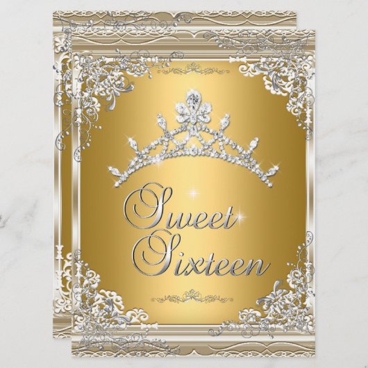 Sweet sixteenスウィート16金ゴールドホワイトシルバーティアラ 招待状 (正面/裏面)