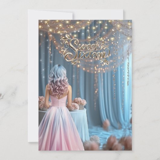 Sweet sixteenスパークルスフラワーガールブルーピンクヘア 招待状 (正面)