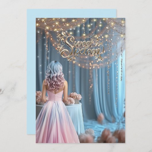 Sweet sixteenスパークルスフラワーガールブルーピンクヘア 招待状 (正面/裏面)