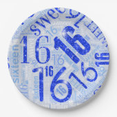 Sweet sixteenスパークルワードクラウドブルーID265 ペーパープレート (正面)