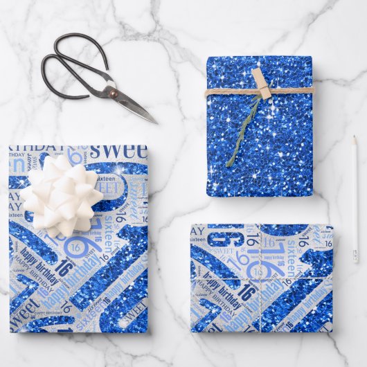Sweet sixteenスパークルワードクラウドブルーID265 ラッピングペーパーシート (正面)