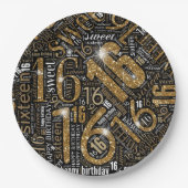 Sweet sixteenスパークルWordクラウド金ゴールドブロックID265 ペーパープレート (正面)