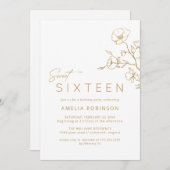 Sweet sixteenソフトグラム金ゴールド&ホワイト16誕生日 招待状 (正面/裏面)