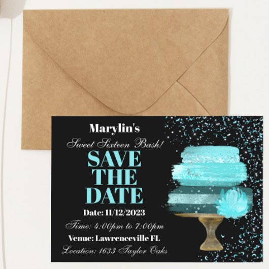 SWEET SIXTEENターコイズ水彩ケーキ誕生日 セーブザデート